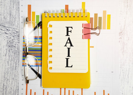 fail words on notepad and charts and glassesの写真素材
