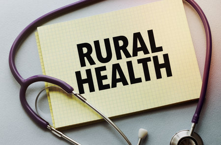 On a purple background a stethoscope with yellow list with text rural healthの写真素材
