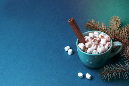 Cup of coffee or cocoa with marshmallows and cinnamon and fir branches on turquoise background close up. Home holiday concept. Xmas decorations. Copy space for text.の写真素材