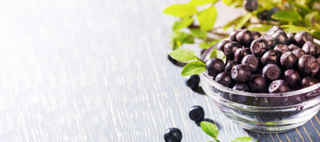 Sunlit glass bowl full of ripe fresh blueberries close up on grey wooden table. Blueberry - natural superfood rich in vitamins useful for health. Banner. Copy space for text. Selective focus.の写真素材