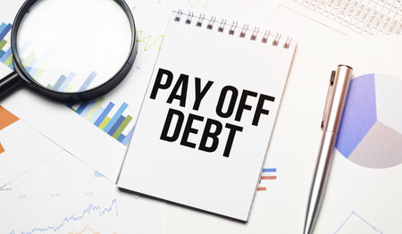 On the wooden desk is a sheet of paper with the inscription - Pay Off Debts