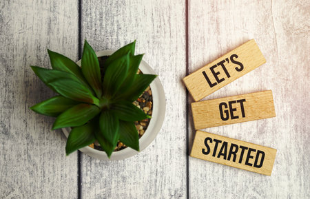 let is got started words on wooden blocks and green plantの写真素材
