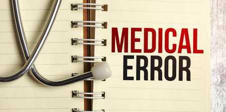 text MEDICAL ERROR words on a notebook on wooden tableの写真素材