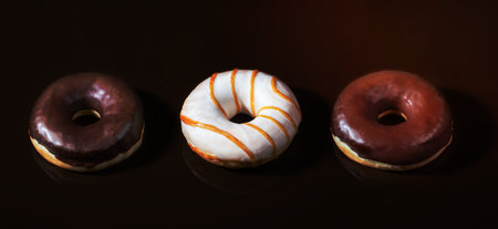 Three glazed donuts: two chocolate and one striped on dark  chocolate smooth background.の写真素材