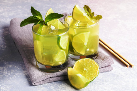 Two glasses with iced green matcha tea with lime, ice, fresh mint and natural bamboo drinking straws on grey napkin on light grey background. Healthy food, No Plastic, Zero Waste concepts.の写真素材