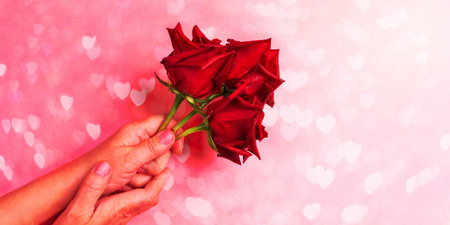 Woman hands holding three red roses on pink background with bokeh with hearts. Festive Valentine's day, mother's day or Birthday banner or greeting card. Copy space for text.の写真素材
