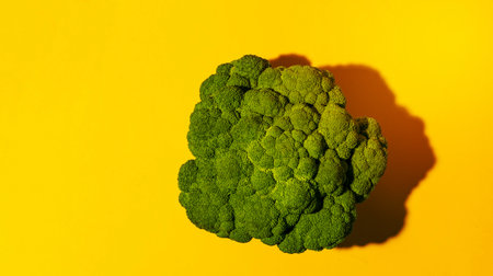 View above beautiful ripe juicy green head of broccoli cabbage on bright yellow background with copy space. Healthy natural food. Autumn background. Vegetable harvest season.の写真素材