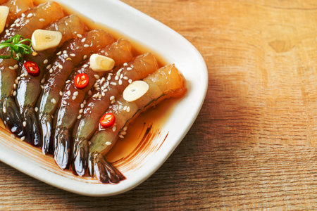 Korean Style Pickled Prawns or  Korean Soy Sauce Pickled Shrimp - Asian food styleの写真素材
