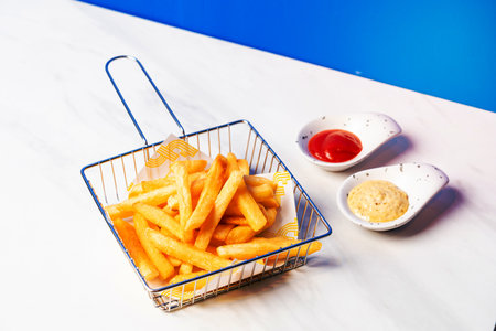 French fried in basket with sauceの写真素材