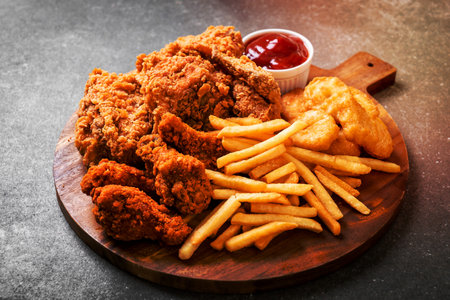 fried chicken with french fries and nuggets meal - junk food and unhealthy foodの写真素材