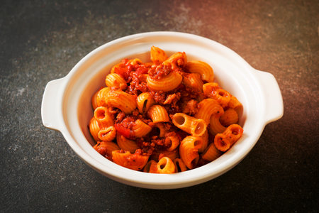 macaroni with tomatoes sauce and mince pork, american chop suey, american goulashの写真素材