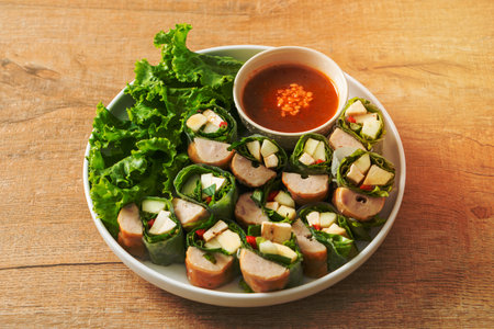 Vietnamese meatball wrap or Vietnamese salad roll or Namnueng or Nem Nuong - Asian food style