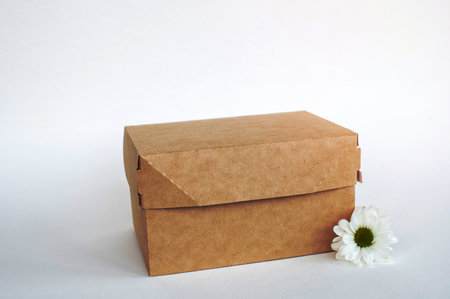 Kraft box mockup, lunchbox, eco friendly packaging with space for text, isolated food box, white flowerの写真素材