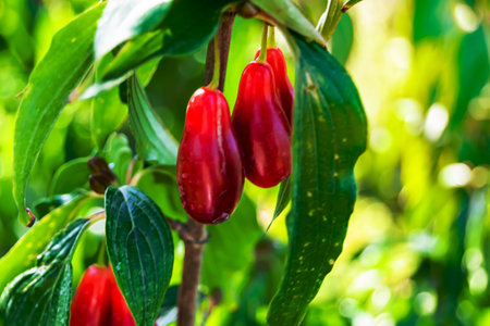 Photography to theme beautiful grow berry dogwood on background summer leaves, photo consisting of composition dessert bright berry dogwood, vivid berry dogwood it healthy diet for exquisite gourmetの写真素材