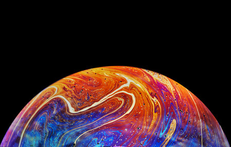 Virtual reality space with abstract multicolor psychedelic planet. Closeup Soap bubble like an alien...