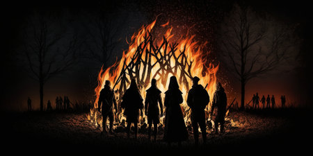 Dark hooded figures in silhouette standing around big fire or bonfire at a pagan ritual gathering on walpurgis night. Generative AI.の素材