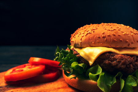 fresh tasty homemade hamburger with fresh vegetables, lettuce, tomato, cheese beside sliced tomatoes on a cutting board. Free space for textの写真素材
