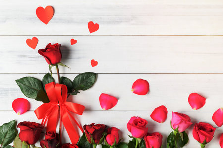 red and pink rose with paper heart on white wood background, valentine's day concept