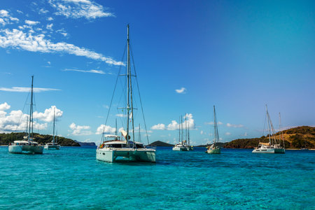 Turquoise colored sea with ancored yachts and catamarans, Tobago Cays tropical islands, Saint...