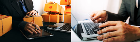 Young woman small business owner online shopping at home. taking note of orders from customers with...