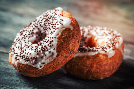 Closeup of donuts with chocolate glazeの写真素材