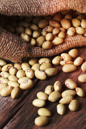 Dry yellow kidney beans in burlap on the old wooden table verticalの写真素材
