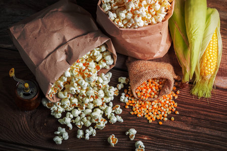 Corn and popcorn in rustic versionの写真素材