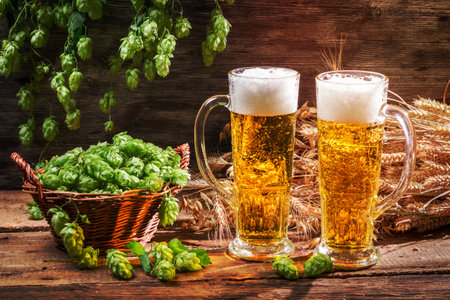 Cold beer surrounded by hops conesの写真素材