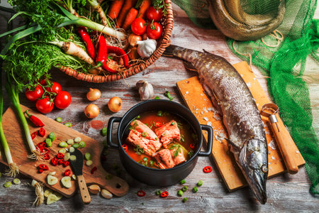 Pike and fresh vegetables for fish soupの写真素材