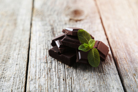 Fresh mint with chocolate on grey wooden background