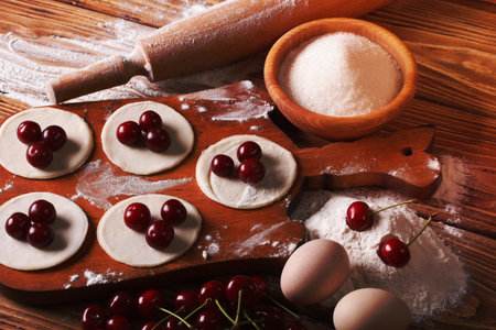 the process of cooking sweet dumplings with cherries close-up. horizontalの写真素材