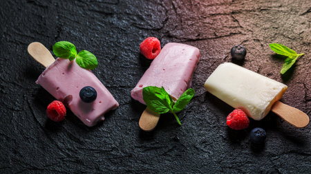 Yummy ice cream with berry fruitsの写真素材