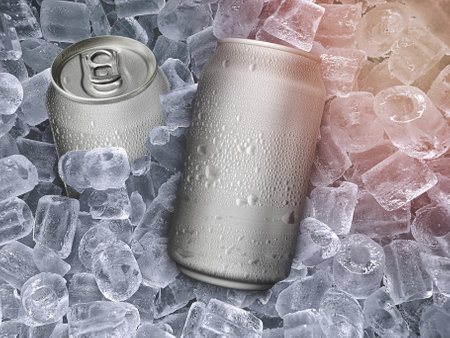 Can of cold beverage, ice cubea of juicy. Summer refreshing drink