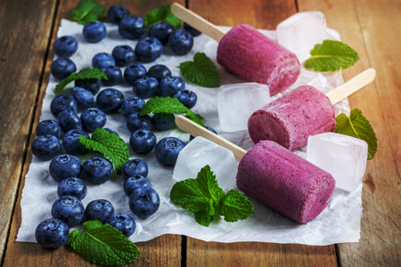 Homemade ice cream with blueberry, yogurt and honeyの写真素材