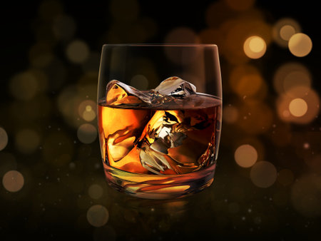 Glass of whiskey. gold abstract bokeh background. 3d renderの写真素材