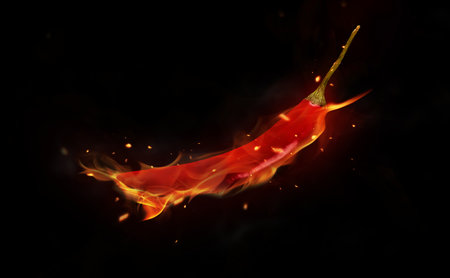 Burning red chilli pepper isolated on black backgroundの写真素材