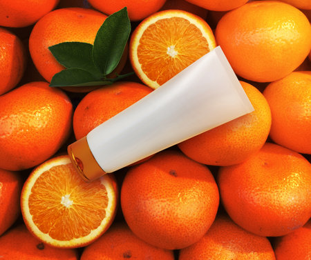 Natural vitamin c skincare products fresh juicy orange fruit slice and green leaf on orange background. Cosmetic beauty product branding mock-up for moisturizing cream, lotion, foam or shampooの写真素材