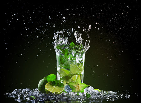 Studio shot of fresh mojito drink with ice cubes and splash on black backgroundの写真素材