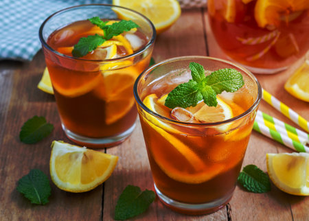 Refreshing homemade lemon iced tea on a wooden tableの写真素材