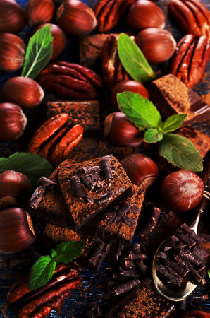 Chocolate, broken into pieces and sprinkled with cocoa powder with mint leaves and nutsの写真素材