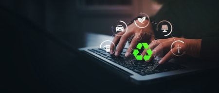 Businessman using laptops and touch recycle symbol with virtual modern reduce CO2 emission concept...