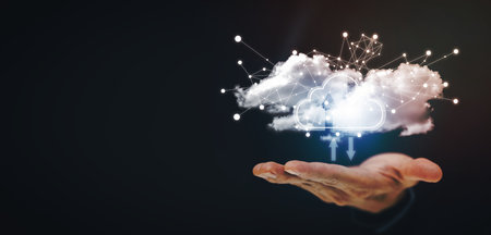 Man touching connect to data information on the Cloud Computing Technology Internet Storage Network...