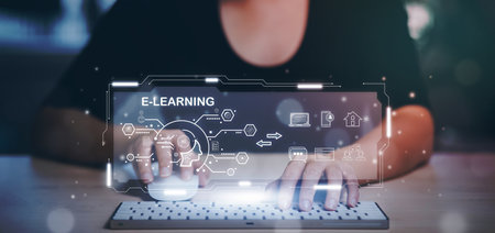 Concept E-learning education, Businessman hand touch Online Education icon on virtual screen....