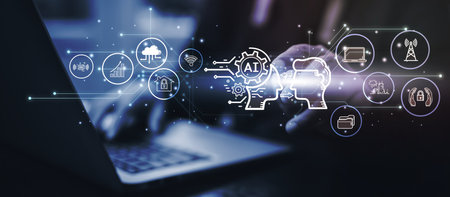 Programmer people working laptops or smartphones with AI, artificial intelligence software engineer...