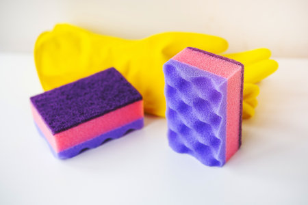 Preparation for cleaning the house, washcloths, rubber gloves. Cleanliness and cleaning conceptの写真素材