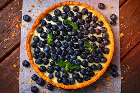 Blueberry Tart on vintage brown wooden backgroundの写真素材