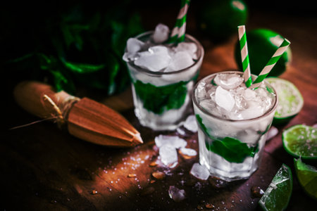 Chilled mohito on wooden backgroundの写真素材