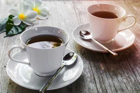 Cup of tea on wooden tableの写真素材