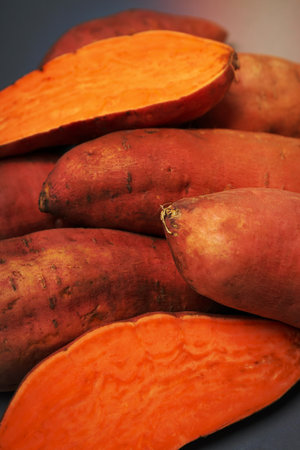 Concept of vegetables, sweet potato, close upの写真素材