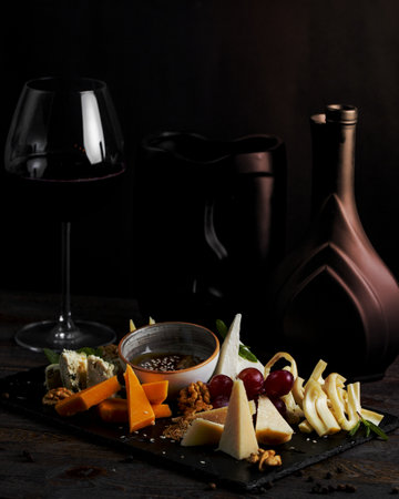 cheese plate with glass of wineの写真素材